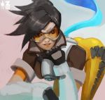  1girl ass brown_hair gloves goggles hand_on_own_chin leaning_forward lena_oxton lips looking_to_the_side overwatch paul_kwon short_hair smile solo spiky_hair tracer_(overwatch) waifu2x watermark 
