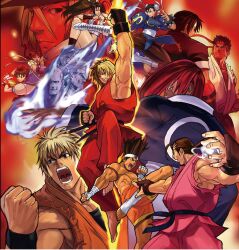  4girls 6+boys akuma_(street_fighter) angry braid breasts brown_hair capcom capcom_vs_snk chun-li crossover fatal_fury fighting fighting_stance fingerless_gloves geese_howard gloves headband hibiki_dan joe_higashi kasugano_sakura ken_masters kicking kusanagi_kyou large_breasts m._bison multiple_boys multiple_girls muscular muscular_male official_art punching red_hair ryou_sakazaki ryu_(street_fighter) ryuuko_no_ken school_uniform shiranui_mai short_hair shorts skirt smile snk street_fighter terry_bogard the_king_of_fighters uppercut yagami_iori yamada_takamasa yuri_sakazaki 