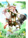  1girl armpits ayaka_nari black_gloves blue_eyes braid cape copyright_name earrings flower gloves hair_flower hair_ornament hairband hammer jewelry midriff navel one_leg_raised open_mouth original pink_hair sangokushi_taisen sheath sheathed solo sword weapon white_legwear yellow_flower 