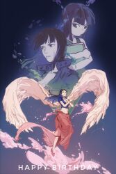  1girl 32soulll aged_down black_hair blunt_bangs book child commentary_request crop_top crossed_arms dated devil_fruit_power dress full_body happy_birthday high_heels highres holding holding_book long_hair nico_robin one_piece petals pink_sarong sarong sleeveless sleeveless_dress solo tears wings 