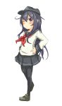  1girl akatsuki_(kantai_collection) anchor_symbol commentary_request flat_cap hands_on_hips hat ichininmae_no_lady itokayu kantai_collection long_hair looking_at_viewer neckerchief one_eye_closed pantyhose purple_hair school_uniform serafuku skirt smile solo violet_eyes white_background 