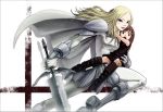  2girls :o armor armored_boots artist_request blonde_hair bodysuit brown_hair cape carrying clare_(claymore) claymore claymore_(sword) grey_eyes multiple_girls pauldrons smile teresa 