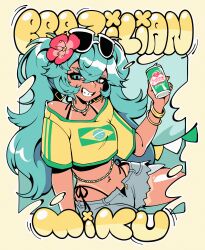  1girl absurdres bead_choker beads belly_chain blue_eyes blue_hair bracelet brazil brazilian_flag brazilian_flag_print brazilian_miku exposed_pocket eyewear_on_head flag_print flower guarana_antarctica hair_flower hair_ornament hatsune_miku highres jewelry messy_hair multiple_bracelets open_fly rectangular_earrings shorts_tan smeoow solo tan tanline_peek tanlines twintails vocaloid 