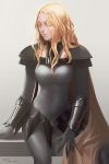  1girl 2015 armor artist_request blonde_hair bodysuit breasts cape claymore collarbone copyright_name dated highres long_hair sitting solo teresa wavy_hair 