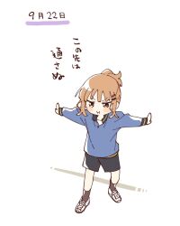  1girl :i black_shorts blue_shirt blunt_bangs blush_stickers brown_eyes brown_hair brown_socks closed_mouth commentary_request full_body hair_ornament hairclip highres long_sleeves namori oomuro_sakurako outstretched_arms shirt shoes short_hair shorts simple_background socks solo spread_arms standing translation_request v-shaped_eyebrows white_background white_shoes yuru_yuri 