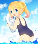  1girl absurdres angry ass blonde_hair blue_eyes blush clouds final_fantasy final_fantasy_xiv from_behind highres lalafell long_hair looking_back natsuru08 one-piece_swimsuit open_mouth pointy_ears ponytail school_swimsuit shouting sky solo swimsuit wading water 