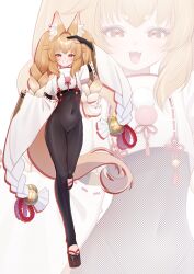 1girl absurdres animal_ear_fluff animal_ears bell black_bodysuit blonde_hair bodysuit braid choppy_bangs clothing_cutout fox_ears fox_girl fox_shadow_puppet fox_tail full_body gloves gradient_hair highres hokori_kei indie_virtual_youtuber looking_at_viewer multicolored_hair nido_celisius okobo open_mouth partially_fingerless_gloves platform_sandals red_nails sandals second-party_source shoulder_cutout shrug_(clothing) sidelocks tail thick_eyebrows toeless_legwear twin_braids twintails very_long_tail virtual_youtuber white_background white_hair white_shrug wide_sleeves