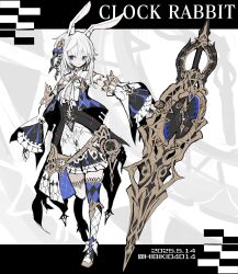  1girl 2025 alice_in_wonderland animal_ears asymmetrical_legwear blue_eyes character_name dated detached_sleeves full_body hibiki04014 highres long_sidelocks mismatched_legwear original parted_lips rabbit_ears rabbit_girl sidelocks solo twitter_username white_hair white_rabbit_(alice_in_wonderland) 