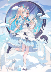 1girl alice_(alice_in_wonderland) alice_in_wonderland apron black_shoes blonde_hair blue_dress blue_eyes dress highres long_hair open_mouth original puffy_short_sleeves puffy_sleeves shoes short_sleeves socks solo wakuseiy white_apron white_socks 