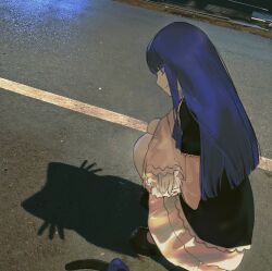  1girl absurdres cat_shadow_puppet commentary different_shadow dress english_commentary frederica_bernkastel highres long_hair looking_at_viewer middle_w photo-referenced purple_hair road shadow shadow_puppet solo squatting umineko_no_naku_koro_ni violet_eyes w yuishironeko 