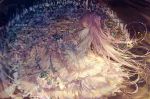  1girl artist_name bai_qi-qsr blurry depth_of_field dress flower goddess_madoka gown kaname_madoka long_hair lying mahou_shoujo_madoka_magica pink_hair plant profile sleeping solo spoilers very_long_hair vines white_dress 