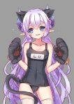  1girl absurdres animal_ears black_swimsuit blue_eyes cat_ears cowboy_shot elsword gloves highres horns long_hair low_twintails luciela_r._sourcream name_tag paw_gloves pointy_ears purple_hair school_swimsuit smile solo swimsuit tail thigh-highs twintails very_long_hair wataru_kuri 
