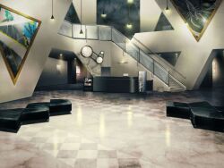  analog_clock artist_request bench ceiling_light checkered_floor clock desk escalator game_cg hallway indoors magia_record:_mahou_shoujo_madoka_magica_gaiden mahou_shoujo_madoka_magica museum no_humans official_art painting_(object) pillar scenery tile_floor tiles 