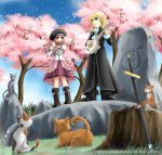  1boy 1girl artist_request black_boots blonde_hair boots cat character_request cherry_blossoms commentary_request dress flute instrument lyre mabinogi mandolin pink_dress pink_hair sheath sword tagme tree_stump watermark weapon web_address 