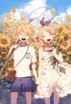  1boy 1girl bandaid bandaid_on_nose blonde_hair blue_sky brother_and_sister butterfly_net closed_eyes clouds dress field flower flower_field hair_ornament hair_ribbon hairband hairclip hand_net holding holding_flower holding_hands interlocked_fingers kagamine_len kagamine_rin open_mouth ribbon round_teeth ser323 shorts siblings sky smile sunflower teeth twins vocaloid white_dress 