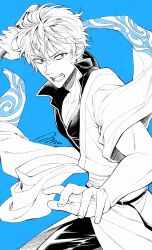  1boy a_(asan_a_aa) absurdres belt blue_background collared_shirt commentary_request cowboy_shot floating_clothes gintama greyscale_with_colored_background hadanugi_dousa highres holding holding_weapon japanese_clothes kimono korean_commentary long_sleeves looking_to_the_side male_focus open_clothes open_mouth open_shirt pants popped_collar red_eyes sakata_gintoki shirt short_hair sideways_glance simple_background solo teeth weapon yukata 