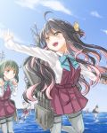  asashimo_(kantai_collection) black_hair commentary_request hayashimo_(kantai_collection) kantai_collection kiyoshimo_(kantai_collection) long_hair multicolored_hair multiple_girls naganami_(kantai_collection) outstretched_arm pink_hair school_uniform serafuku shinkun takanami_(kantai_collection) water 