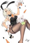  1girl 2015 animal_ears arm_up ayaki bangs between_breasts black_bow black_bowtie black_legwear blue_eyes bow bowtie braid breasts bunny_girl bunny_tail bunnysuit carrot chestnut_mouth copyright_request dated detached_collar eyelashes fake_animal_ears garters hair_between_eyes hair_bow hairband hand_on_hip highres holding_animal knees_together_feet_apart leotard lettuce long_hair looking_at_viewer open_mouth original pantyhose rabbit rabbit_ears sidelocks signature simple_background single_braid solo strapless tail very_long_hair white_background white_hair wrist_cuffs 