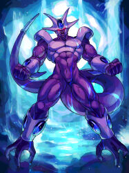  1boy abs alien armor black_nails blue_background blue_gemstone boriroba clenched_hands colored_skin commentary_request cooler_(dragon_ball) cooler_(fifth_form)_(dragon_ball) covered_pectorals dragon_ball dragon_ball_z forehead_jewel full_body gem highres looking_at_viewer male_focus muscular muscular_male no_pupils open_mouth pectorals purple_skin purple_tail red_eyes solo veins veiny_arms veiny_thighs water wet white_armor 
