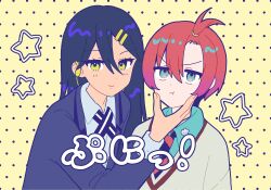  amate_yuzuriha aqua_eyes blush collared_shirt gundam gundam_gquuuuuux highres jacket jitome long_hair looking_at_viewer mii_(mii_chan11) necktie nyaan_(gundam_gquuuuuux) one_side_up purple_hair red_hair school_uniform shirt short_hair smile squeezing_cheeks star_(symbol) sweater upper_body wireless_earphones yellow_background yellow_eyes 