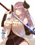  1girl black_gloves breasts demon_horns elbow_gloves gloves granblue_fantasy hair_over_one_eye horns iruma_(ikutomi) large_breasts lavender_hair long_hair narumeia_(granblue_fantasy) pointy_ears simple_background smile solo sword weapon white_background 