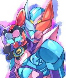  2boys animal_hood armor black_armor blue_armor blue_eyes blue_gloves bodysuit boxing_gloves compound_eyes extra_eyes fighting_stance gloves heterochromia highres hood kamen_rider kamen_rider_revi kamen_rider_revice kamen_rider_vice kangaroo kangaroo_genome male_focus multiple_boys ohd6_d pink_armor pink_gloves pouch red_eyes rider_belt scarf sharp_teeth tail teeth tokusatsu yellow_eyes 