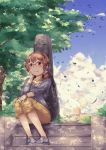  1girl :3 brown_hair capri_pants cellphone glasses hand_on_headphones headphones instrument_case long_sleeves original pants phone semi-rimless_glasses sheet_music short_twintails sitting sky smartphone smile solo stairs sweater tree twintails violet_eyes 
