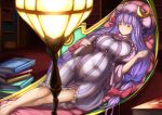  1girl bangs barefoot blue_bow book book_stack bookshelf bow breasts buttons crescent crossed_legs eyebrows eyebrows_visible_through_hair frills hair_bow hat holding holding_book hoshara indoors lamp large_breasts long_hair lying mob_cap multi-tied_hair on_back patchouli_knowledge purple_hair red_bow sleeping solo striped touhou 