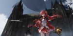  2girls aircraft animal bangs bird blurry bow building capelet clouds depth_of_field dungeon_and_fighter floating_hair frills from_below hair_ornament hairband holding_staff long_hair low_twintails mage_(dungeon_and_fighter) multiple_girls outdoors pleated_skirt pointy_ears red_bow red_eyes red_ribbon redhead ribbon skirt sky solo_focus staff swd3e2 text twintails wide_sleeves wind 