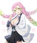  1girl belt braid breasts gradient_hair green_eyes haori heart japanese_clothes kanroji_matsuri kimetsu_no_yaiba kusunokinawate large_breasts long_hair looking_at_viewer mole multicolored_hair multiple_braids open_clothes open_mouth pink_hair teeth upper_body white_background 