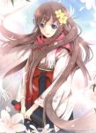  1girl blue_eyes brown_hair flower hair_flower hair_ornament highres japanese_clothes long_hair mikazuki_akira! outdoors petals scarf sky solo very_long_hair 