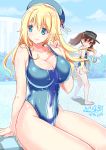  2girls adjusting_strap alternate_costume ass atago_(kantai_collection) barefoot beret blonde_hair blue_eyes blue_swimsuit breast_envy breasts brown_eyes brown_hair competition_swimsuit covered_navel from_side hat highres impossible_clothes kantai_collection large_breasts long_hair looking_at_another looking_to_the_side multiple_girls one-piece_swimsuit poolside ryuujou_(kantai_collection) shaded_face shibi sitting standing swimsuit visor_cap wet wet_clothes wet_swimsuit 