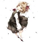  1girl :o blonde_hair blush bow collared_shirt commentary from_behind gorilla_(bun0615) hair_ribbon highres leaning_back looking_at_viewer pose red_eyes red_shoes ribbon rumia shirt shoes skirt skirt_set socks solo touhou vest wind 