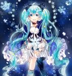  1girl ahoge blue_eyes blue_hair choker earmuffs fuyu_no_yoru_miku happy hatsune_miku long_hair snowflakes solo star striped striped_legwear tatsumi3 thigh-highs twintails very_long_hair vocaloid 