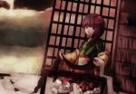  1girl bookshelf dyolf flower hair_flower hair_ornament hieda_no_akyuu japanese_clothes kimono long_sleeves purple_hair scroll short_hair sitting solo table touhou violet_eyes wide_sleeves 