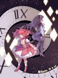  2girls absurdres akemi_homura argyle_clothes argyle_footwear back-to-back black_boots black_capelet black_hairband boots bow bowtie bubble_skirt buttons capelet center_frills chest_jewel choker clenched_hands clock closed_mouth collarbone collared_capelet cross-laced_shoes diamond_(shape) dress dress_bow expressionless eyelashes floating_clothes floating_hair footwear_bow frilled_dress frilled_skirt frilled_sleeves frilled_socks frills full_body gem gloves grey_hair hair_bow hairband high_collar high_heel_boots high_heels highres kaname_madoka kneehighs layered_sleeves long_hair long_sleeves magical_girl mahou_shoujo_madoka_magica mahou_shoujo_madoka_magica_(anime) mikumo_maru miniskirt multiple_girls open_mouth pink_dress pink_eyes pink_gemstone pink_hair pleated_skirt pointy_nose puffy_short_sleeves puffy_sleeves pumps purple_bow purple_bowtie purple_capelet purple_skirt red_bow red_choker red_shoes shoes short_dress short_hair short_sleeves short_twintails skirt skirt_under_dress socks space square_neckline standing star_(sky) straight_hair thigh_boots twintails two-tone_capelet very_long_hair violet_eyes white_dress white_gloves white_skirt white_sleeves white_socks 