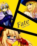 1boy 2girls androgynous armor blonde_hair blue_eyes blue_hat brooch cape capelet copyright_name fate/grand_order fate_(series) glasses hat jewelry le_chevalier_d&#039;eon_(fate/grand_order) long_hair marie_antoinette_(fate/grand_order) multiple_girls omcm parody persona persona_4 removing_glasses ruler_(fate/apocrypha) sidelocks style_parody yellow_background 