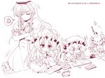  4girls anger_vein betei bow crescent_hair_ornament crossed_arms flandre_scarlet hair_bow hair_ornament hat hat_bow kamishirasawa_keine long_hair mob_cap monochrome multiple_girls patchouli_knowledge remilia_scarlet spoken_anger_vein studying touhou 