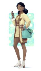  1girl absurdres bag bindi black_hair boots coat commentary_request dark-skinned_female dark_skin earrings elmeth full_body green_eyes gundam high_heel_boots high_heels highres holding holding_phone jewelry lalah_sune mobile_suit_gundam open_clothes open_coat pantyhose parted_lips phone sakkan skirt solo 