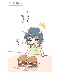  1girl :o ^^^ blue_hair blush_stickers brown_eyes burger child collared_shirt commentary_request contrast_collar food furutani_kaede green_shirt highres namori open_mouth shirt short_hair short_sleeves simple_background small_sweatdrop solo thick_eyebrows translation_request upper_body white_background yuru_yuri 