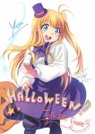  1girl blonde_hair blue_eyes charlotte_(anime) dress halloween hat jack-o&#039;-lantern long_hair mini_top_hat nishimori_yusa pantyhose side_ponytail sion_(laterna_magica) solo striped striped_legwear top_hat 