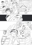  4boys arm_sling bandage_on_face bandage_over_one_eye bandaged_head bandages bench brothers comic crutch highres ichimatsu jyushimatsu karamatsu kina_(jaime00) lying male_focus monochrome multiple_boys on_stomach osomatsu-kun osomatsu-san siblings sitting table todomatsu translation_request 