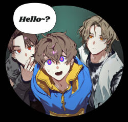  3boys blue_hoodie brown_hair earrings highres hood hoodie inoue_shouma jewelry kamen_rider kamen_rider_gavv kamen_rider_gavv_(series) karakida_hanto lakia_amarga male_focus multiple_boys open_mouth orange_eyes red_eyes short_hair user_mrpc4232 violet_eyes 