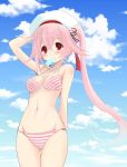  1girl arm_behind_back bare_shoulders beret bikini blue_sky breasts clouds cloudy_sky food_in_mouth gradient_hair groin hair_ornament harusame_(kantai_collection) hat kantai_collection mouth_hold multicolored_hair navel pink_eyes pink_hair popsicle red_eyes side_ponytail sky solo striped striped_bikini striped_swimsuit swimsuit tamanori_(isokazelove) under_boob 