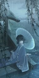  1girl beizi_(clothing) black_hair boat bridge chinese_clothes closed_mouth flower hair_flower hair_ornament hanfu highres holding holding_umbrella japanese_clothes long_sleeves mansui_(adulthood)_(the_hungry_lamb) mansui_(the_hungry_lamb) oil-paper_umbrella outdoors rain sitting solo suisui_pingan the_hungry_lamb:_traveling_in_the_late_ming_dynasty umbrella water watercraft wide_sleeves willow 