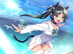  1girl animal_ears bird black_hair blue_sky bow cat_ears cat_girl cat_tail collar francesca_lucchini green_bow green_eyes heart hirosegawa_narumi jacket long_hair looking_at_viewer military_uniform no_pants ocean open_mouth outdoors panties ribbon sky solo standing strike_witches striker_unit striped_clothes striped_panties sun tail twintails underwear white_jacket white_ribbon world_witches_series 