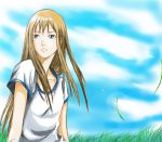  1girl arm_support artist_request blonde_hair blue_sky clare_(claymore) claymore clouds collarbone grass grey_eyes long_hair loose_clothes shirt sky solo t-shirt 