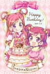  2015 2girls :d bow cake character_name cure_dream dated dual_persona earrings fingerless_gloves flower food gloves hair_flower hair_ornament hair_rings happy_birthday highres hitopm jewelry long_hair magical_girl multiple_girls open_mouth pink_bow pink_hair pink_shirt precure shirt short_hair smile two_side_up violet_eyes yellow_bow yes!_precure_5 yes!_precure_5_gogo! yumehara_nozomi 