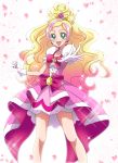  1girl blonde_hair bow clenched_hand cure_flora earrings eyebrows gloves go!_princess_precure gradient_hair green_eyes hanzou haruno_haruka jewelry long_hair magical_girl multicolored_hair pink_bow pink_hair pink_skirt precure skirt smile solo streaked_hair thick_eyebrows two-tone_hair white_background white_gloves 