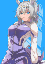  1girl absurdres ahoge amateru animal_ears blue_background blue_eyes blue_jacket blue_pants closed_mouth commentary ear_ornament grey_hair hair_ornament hair_up highres horse_ears horse_girl horse_tail jacket kasamatsu_tracen_training_uniform long_sleeves looking_at_viewer medium_hair oguri_cap_(umamusume) pants ponytail solo standing tail track_jacket track_pants umamusume umamusume:_cinderella_gray 